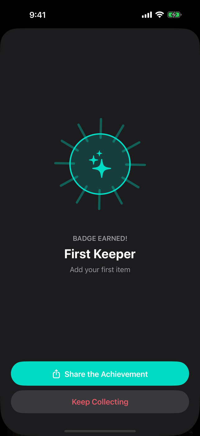 First Keeper badge earned celebration screen