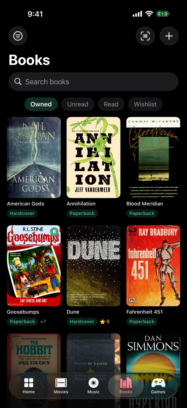 Keptcase book shelf with Dune and The Name of the Wind in hardcover, House of Leaves in paperback, and Watchmen as a graphic novel