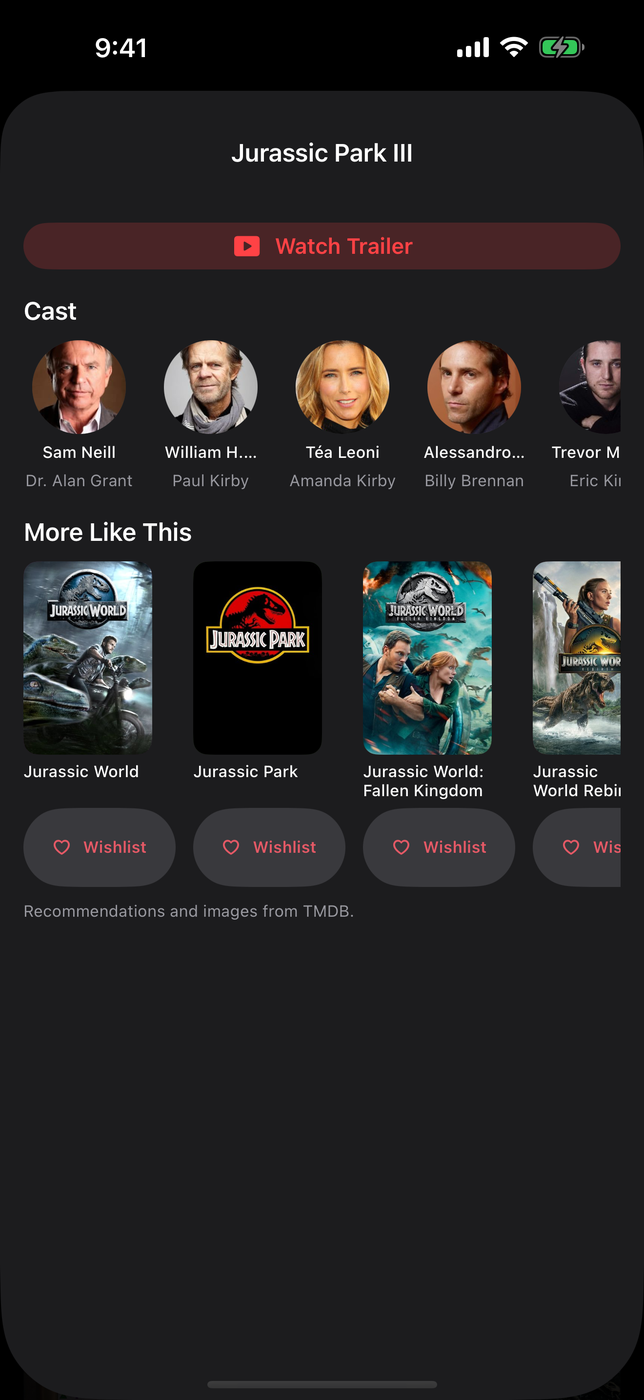 Cast photos with character names and More Like This recommendations from TMDB, each with a wishlist button