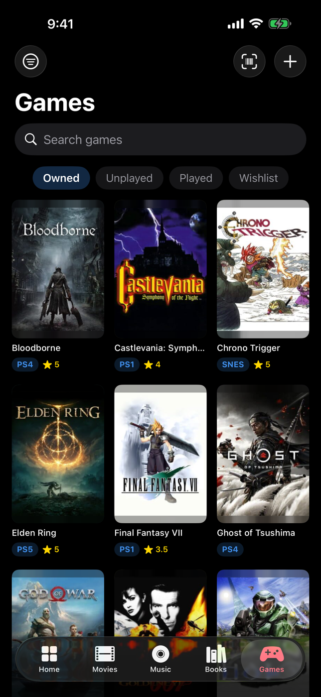 Keptcase game shelf with Bloodborne on PS4, Chrono Trigger on SNES, Elden Ring on PS5, Zelda Ocarina of Time on N64 and Super Mario Odyssey on Switch