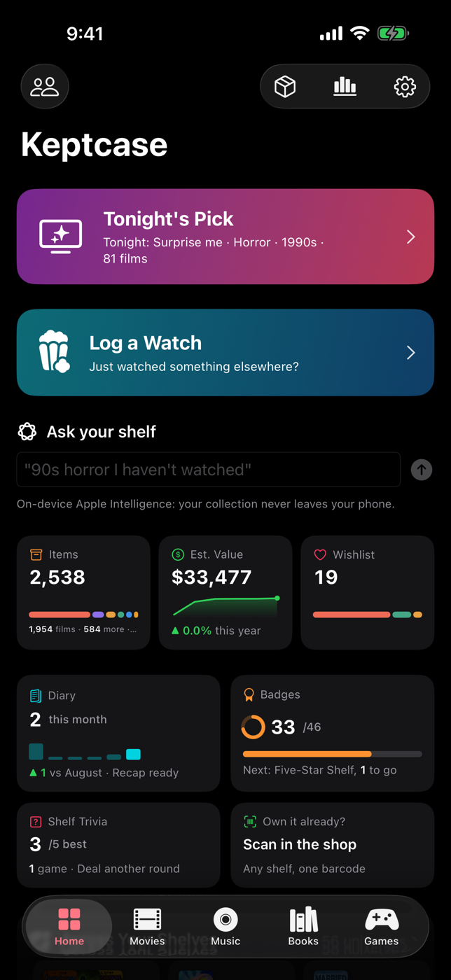 Keptcase home screen with Tonight's Pick, Log a Watch, Ask your shelf, the item count and estimated value, and four live tiles for the diary, badges, shelf trivia and Own it already?