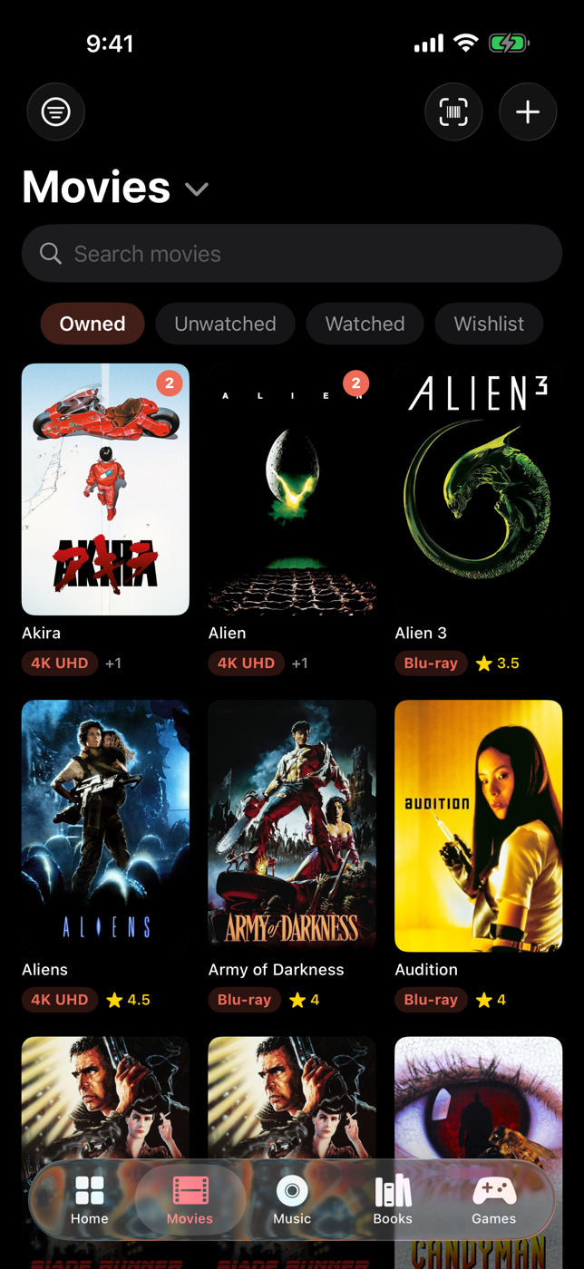 Keptcase movies collection showing (500) Days of Summer with a two-edition badge, 10 Cloverfield Lane and 10 Things I Hate About You, each with its format and rating on real cover art